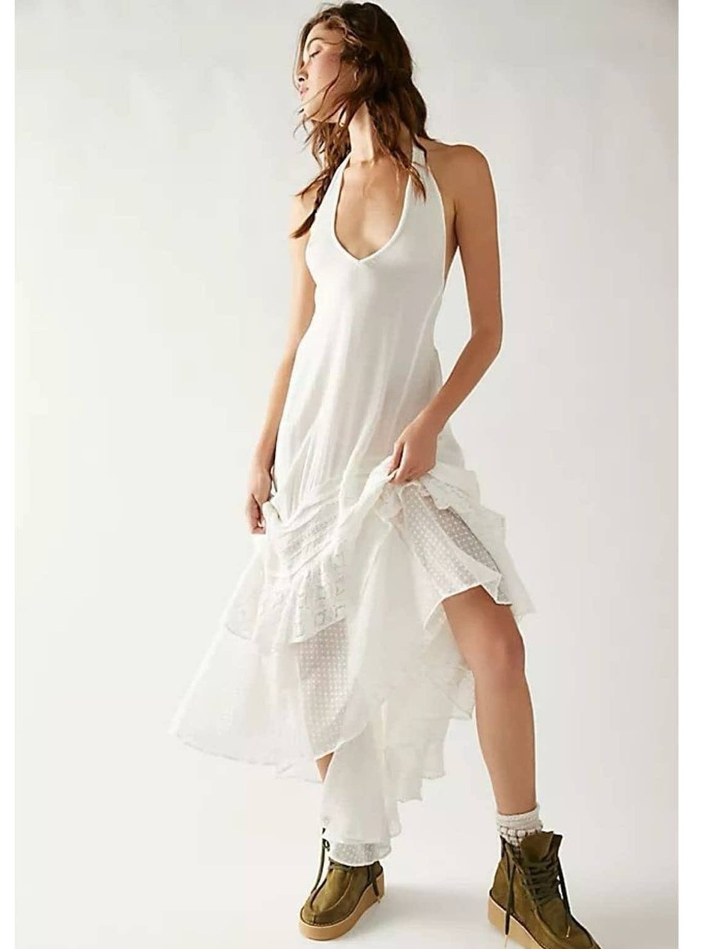 NWOT Free People Slice Of Heaven White Halter Tiered Open Back Midi Dress Sz XS